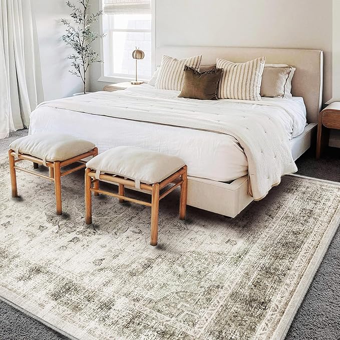 Area Rug 6'x9' Washable Vintage Floral Khaki Traditional Floor Cover Thin Retro Kitchen Indoor Distressed Non Slip Carpet for Living Room Bedroom Dining Room-CubbioJoy