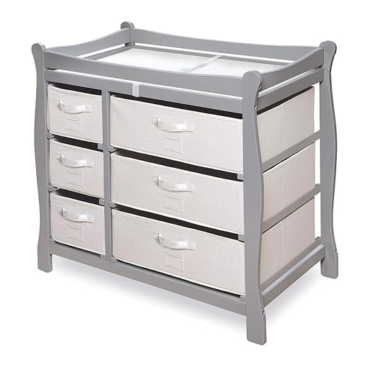 Badger Basket Sleigh Style Baby Changing Table - Diaper Station with 6 Removable Storage Baskets, Safety Rails, Pad, and Belt - Nursery Organizer - Cool Gray-CubbioJoy