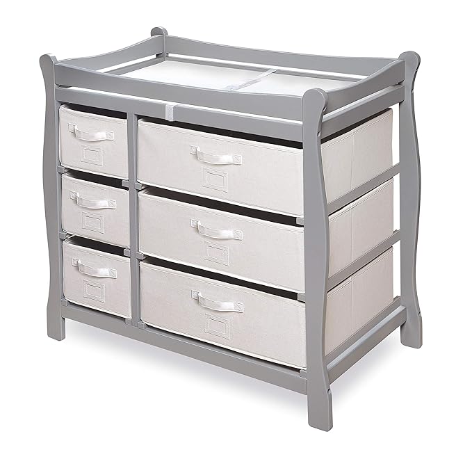 Badger Basket Sleigh Style Baby Changing Table - Diaper Station with 6 Removable Storage Baskets, Safety Rails, Pad, and Belt - Nursery Organizer - Gray/White-CubbioJoy