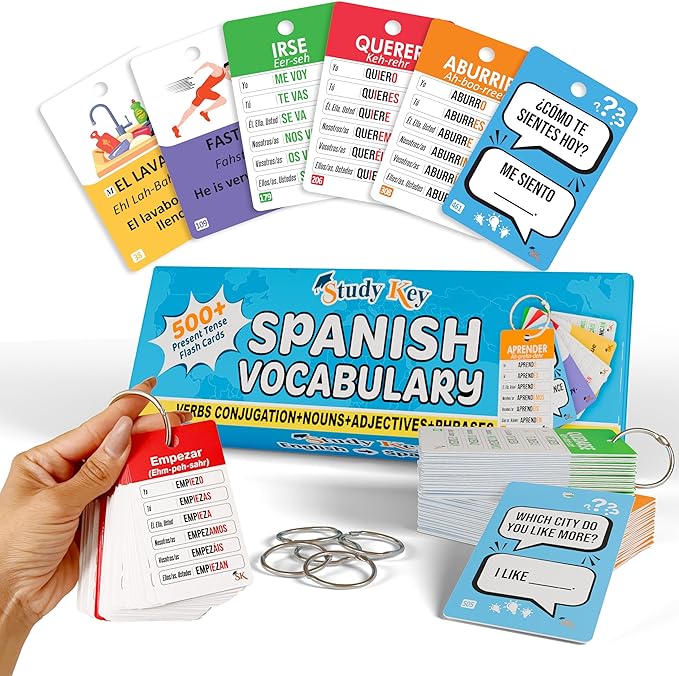500+ Spanish Vocabulary Flash Cards for Adults & Kids Ages 15+ - Verb Conjugation, Nouns, Adjectives & Phrases to Learn Spanish for Adult Beginners Flashcards-CubbioJoy
