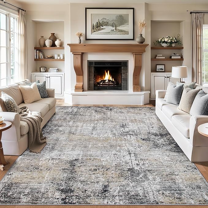 Area Rugs Living Room Rug - 4x6 Washable Modern Abstract Soft Neutral Non-Slip Carpet Large Indoor Floor Thin Carpets for Bedroom Dining Room Farmhouse Nursery Home Office Brown Black Grey-CubbioJoy