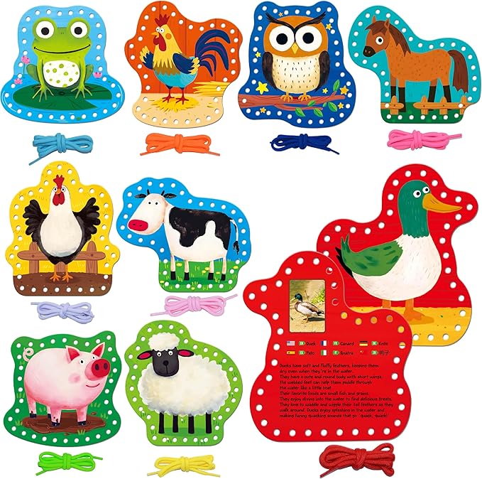 9 PCS Kids Lacing Cards, 9 Double Sided Farm Animals Sewing Cards with 9 Colorful Laces, Educational & Learning Toys for Preschoolers, Kids Ages 3+-CubbioJoy