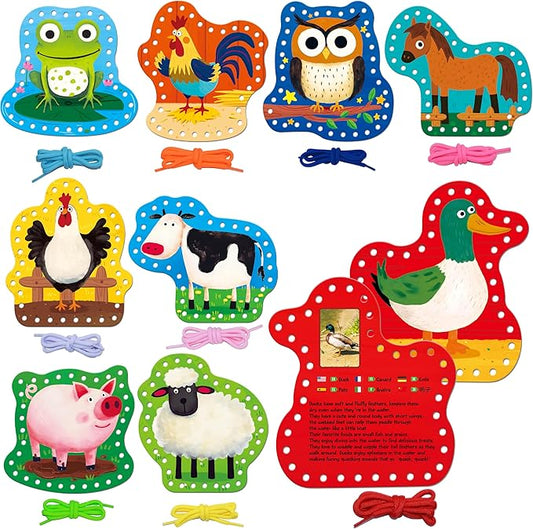 9 PCS Kids Lacing Cards, 9 Double Sided Farm Animals Sewing Cards with 9 Colorful Laces, Educational & Learning Toys for Preschoolers, Kids Ages 3+-CubbioJoy