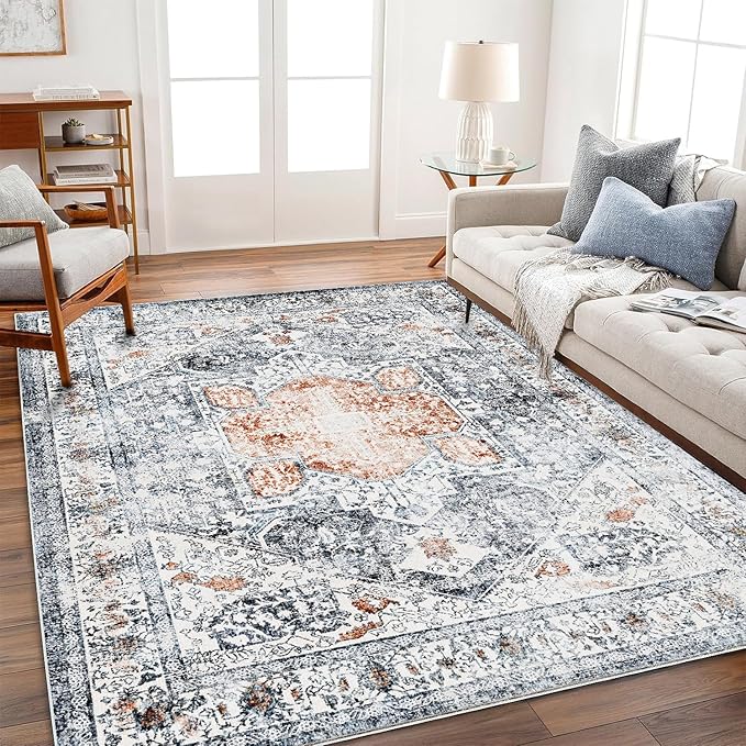 Area Rug 6x9 Washable Rug Gray Vintage Traditional Floor Cover Thin Retro Kitchen Indoor Distressed Non Slip Carpet Floral Print Mat Living Room Bedroom Dining Room-CubbioJoy