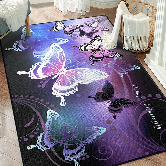 Beautiful Butterfly Fantasy Rug for Playroom Girls Bedroom Colorful Rainbow Butterfly Decor Area Carpet 2x3 Purple Mat 3D Printed Non-Slip Washable-CubbioJoy