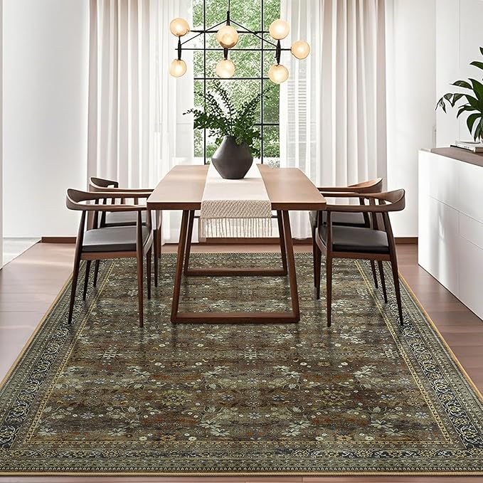 5x7 Machine Washable Area Rug for Living Room Dining Room, Vintage Floral Kitchen Rugs Non Slip, Traditional Indoor Floor Carpet for Bedroom, Farmhouse, Office Classroom Brown/Yellow-CubbioJoy