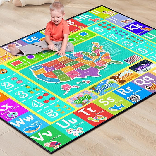 ABC Rug for Kids Playroom, 3x4 Washable Classroom Area Rugs, Educational Learning Mat with Alphabet Numbers Animals Seasons Shapes for Classroom Preschool Playroom-CubbioJoy