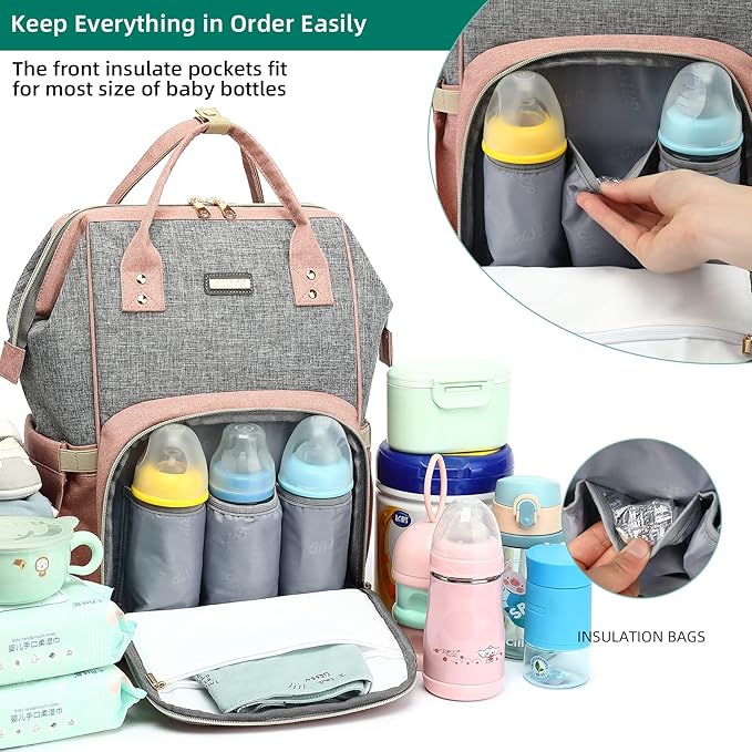 Diaper Bag Backpack, Diaper Bags for Baby Girls Boys, Baby Bags for Moms Dads, Nappy Changing Bag with Insulated Pockets,Multi-functional Waterproof Backpack with Stroller straps-Pink-CubbioJoy