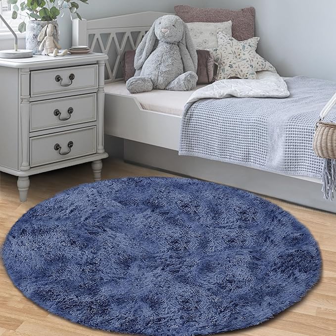 4FT Round Rug for Bedroom: Fluffy Shag Soft Washable Rugs Circle Small Fuzzy Plush Indoor Carpet for Living Room Nursery Playroom Dorm Kids Girls Boys Room (Navy Blue, 4'x4')-CubbioJoy