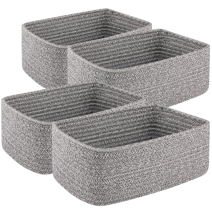 4 Pack Small Storage Shelf Baskets for Organizing, Mini Woven Rope Storage Bins for Towels, Cute Decorative Closet Organizer，Baby Nursery, Gift Empty Baskets -11.81''Lx7.87''Wx4.72''H-Grey-CubbioJoy