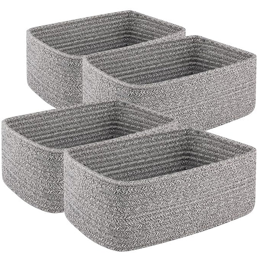 4 Pack Small Storage Shelf Baskets for Organizing, Mini Woven Rope Storage Bins for Towels, Cute Decorative Closet Organizer，Baby Nursery, Gift Empty Baskets -11.81''Lx7.87''Wx4.72''H-Grey-CubbioJoy