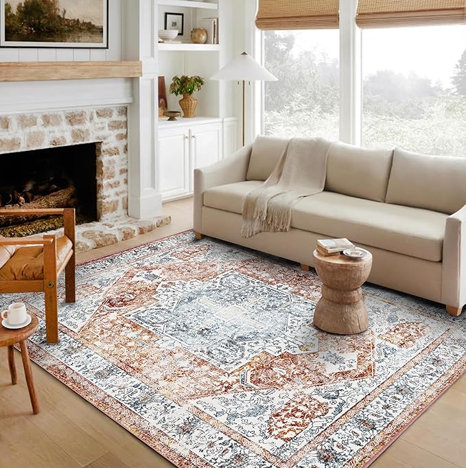 5x7 Washable Area Rug Vintage Traditional Floor Cover Foldable Thin Rug Retro Kitchen Accent Rug Indoor Distressed Non Slip Carpet Floral Print Mat Bedroom Living Room Bathroom-CubbioJoy