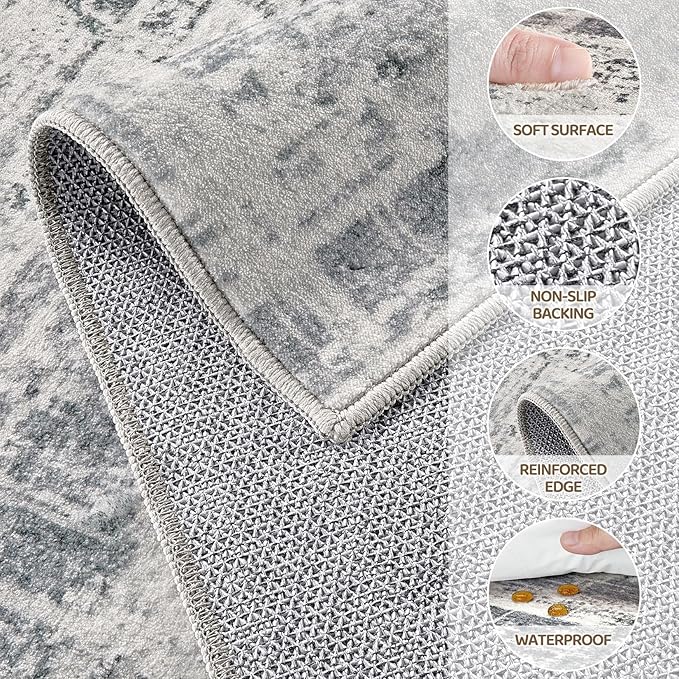 Area Rug for Living Room: 7x9 Washable Neutral Abstract Modern Soft Rugs Non Slip Indoor Floor Stain Resistant Large Carpet for Bedroom Dining Room Office Nursery - Gray-CubbioJoy