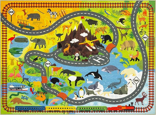 KC Cubs 5x7 Animal Safari Toy Car Road Rug – Educational Play Mat Carpet for Kids, Toddlers, Nursery, Classroom, Playroom, Baby Daycare, Boys & Girls-CubbioJoy