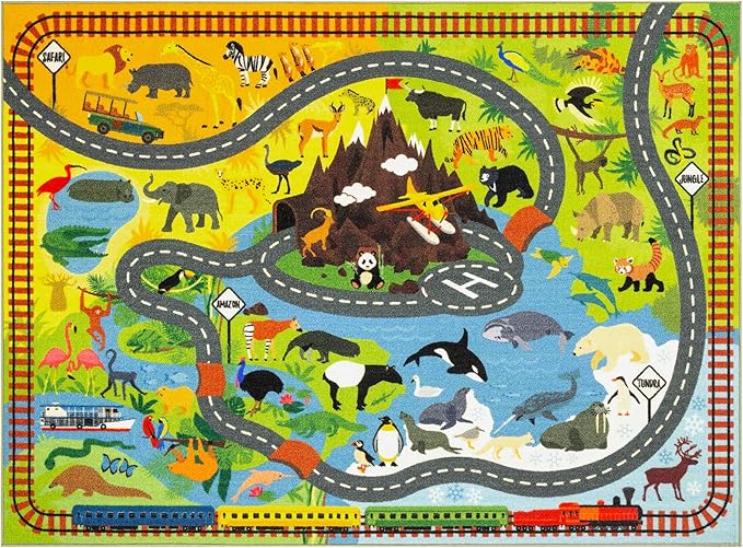 KC Cubs 3x5 Animal Safari Toy Car Road Rug – Educational Play Mat Carpet for Kids, Toddlers, Nursery, Classroom, Playroom, Baby Daycare, Boys & Girls-CubbioJoy
