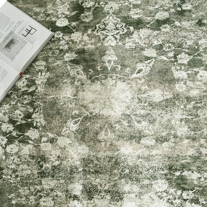 jinchan Round Rug 5ft Area Rug - Green Vintage Floor Mat Kitchen Indoor - Washable Circle 5' Thin Floral Print Carpet Retro Farmhouse Non Slip Dining Room Living Room Bedroom Office-CubbioJoy