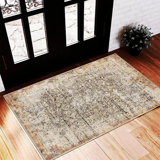Area Rug 2'x3' Washable Door Mat Vintage Distressed Taupe Doormat Indoor Entrance Traditional Thin Floral Print Non Slip Carpet for Kitchen Bathroom Bedroom Living Room-CubbioJoy