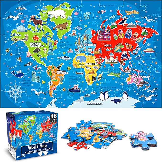 Jumbo Floor Puzzle for Kids,World Map Jigsaw Geography Puzzles,48 Piece Globe Atlas Puzzle with Continents,United States Puzzle for Ages 3-5,Preschool Learning Toys Gift for 4-8 Years Old-CubbioJoy