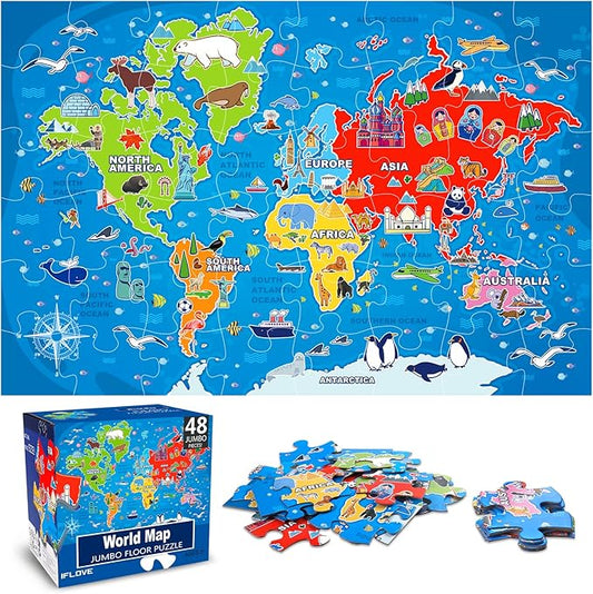 Jumbo Floor Puzzle for Kids,World Map Jigsaw Geography Puzzles,48 Piece Globe Atlas Puzzle with Continents,United States Puzzle for Ages 3-5,Preschool Learning Toys Gift for 4-8 Years Old-CubbioJoy