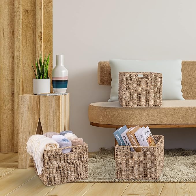 12x12x10in Seagrass Storage Baskets Set of 4, Large Wicker Storage Basket, Decorative Seagrass Shelf Basket, Pantry Baskets Organization,Folding Storage Cube Bins-CubbioJoy