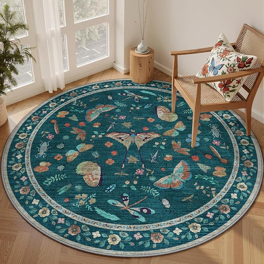 6ft Washable Round Rug - Bug Rugs for Living Room Non-Slip Low Pile Soft Ultra-Thin Machine Washable Circle Carpet for Bedroom, Entryway, Nursery, Kitchen, Home Office (6' Round Teal)-CubbioJoy