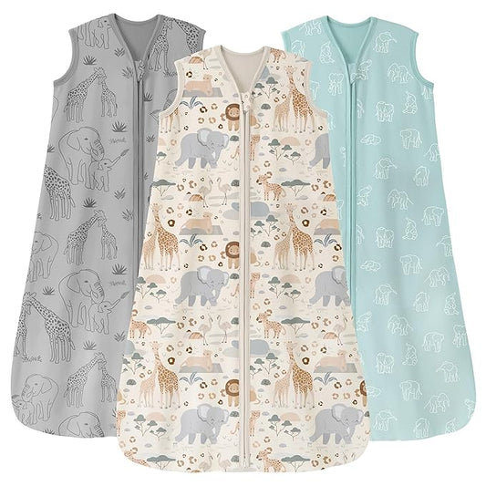 Baby Sleep Sack 6-12 Months 0.5 Tog Wearable Blanket Baby, 3 Pack 100% Cotton Lightweight Sleeping Sack with 2-Way Zipper for Newborn Infant Apricot Gray Green Elephant-CubbioJoy