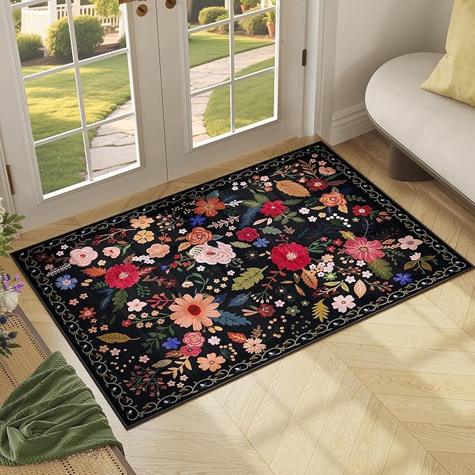 3x5 Area Rug, Floral Black Washable Rug for Entryway, Non Slip Flower Area Rugs, Soft Low Pile Indoor Doormat Small Carpet, Rugs for Living Room Bathroom Bedroom Nursery Kitchen Dining Room-CubbioJoy