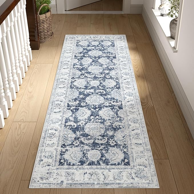 jinchan Runner Rug 2x6 Washable Hallway Runner - Vintage Floral Non Slip Low-Pile Soft Thin Kitchen Rug Distressed Carpet for Farmhouse Bedroom Entryway Laundry Room(2x6ft,Dark Blue)-CubbioJoy