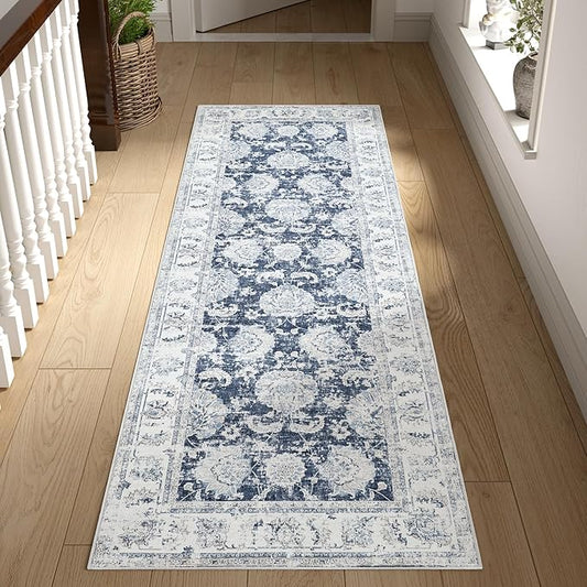 jinchan Runner Rug 2x6 Washable Hallway Runner - Vintage Floral Non Slip Low-Pile Soft Thin Kitchen Rug Distressed Carpet for Farmhouse Bedroom Entryway Laundry Room(2x6ft,Dark Blue)-CubbioJoy