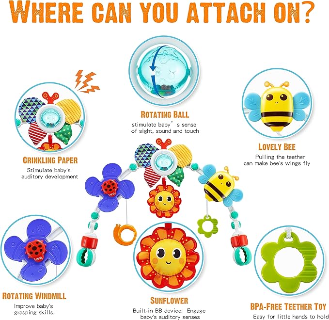 Adjustable Arch Bassinet Toys for Infant & Toddlers, Stroller Arch, Baby Crib Toys with Fascinating Hanging for Stimulating Baby’s Senses and Developing Motor Skills-CubbioJoy