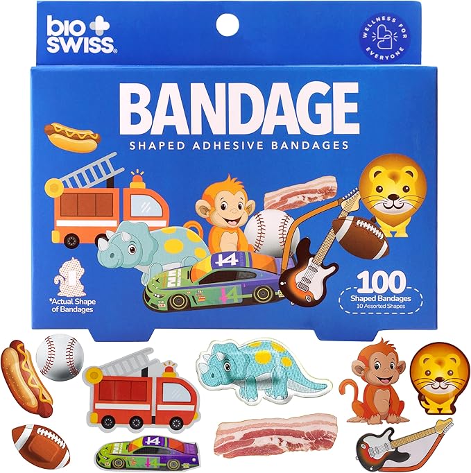 BioSwiss Bandages, Assorted Animal, Fun and Food Shaped Self Adhesive Bandage for Boys, Latex Free Sterile Wound Care, 100 Count-CubbioJoy