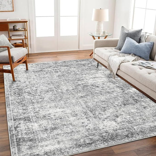 Area Rug 9x12 Washable Gray Vintage Traditional Mat Distressed Indoor Foldable Thin Retro Accent Floral Non Slip Carpet for Living Room Dining Room Office-CubbioJoy