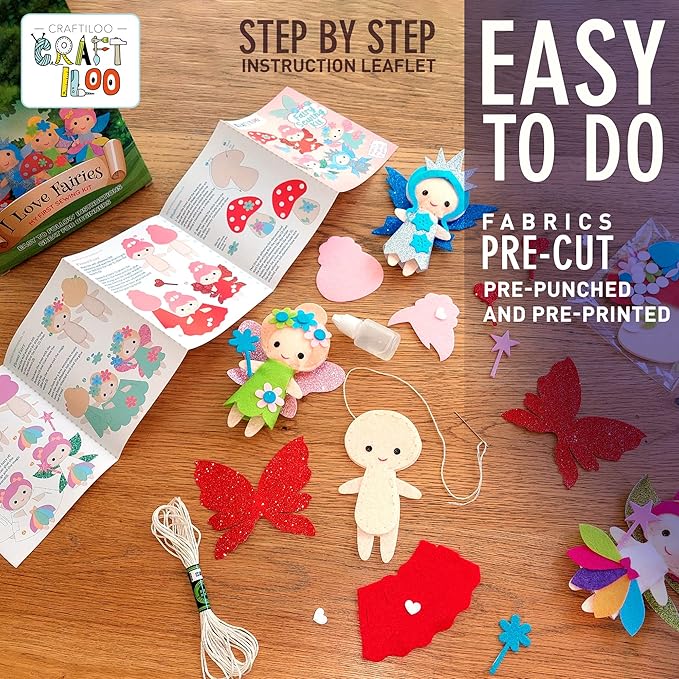CRAFTILOO Fairy Sewing Kits for Little Girls 5 Easy Projects for Childrens Kid Crafts Make Your Own Felt Pillow Plush Craft Kit My First Sewing Kit Learn to Sew-CubbioJoy