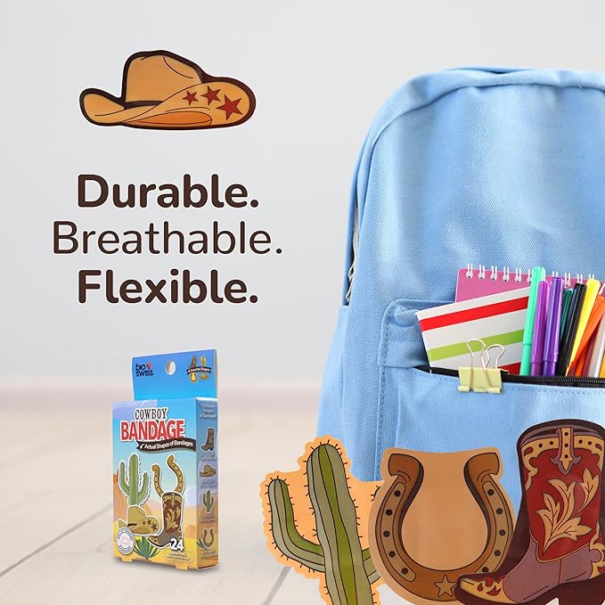 BioSwiss Bandages, Cowboy Shaped Self Adhesive Bandage, Latex Free Wound Care, Fun First Aid Kit Supplies for Kids and Adults, 24 Count-CubbioJoy