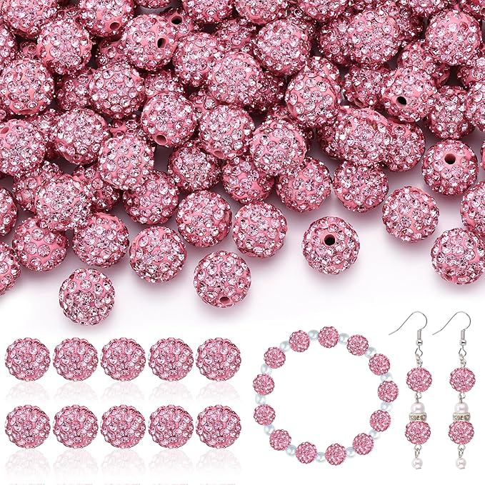 200pcs 10mm Rhinestone Beads for Jewelry Making, Pink Shiny Round Disco Ball Beads Bulk, Sparkle Crystal Clay Christmas for Bracelet Baseball Necklace Earring Crafting and DIY-CubbioJoy