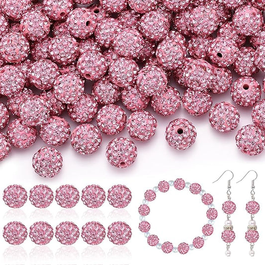 200pcs 10mm Rhinestone Beads for Jewelry Making, Pink Shiny Round Disco Ball Beads Bulk, Sparkle Crystal Clay Christmas for Bracelet Baseball Necklace Earring Crafting and DIY-CubbioJoy
