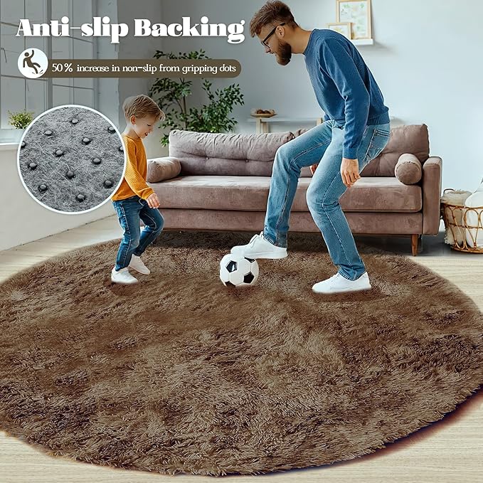 4FT Round Rug for Bedroom: Fluffy Shag Soft Washable Rugs Circle Small Fuzzy Plush Indoor Carpet for Living Room Nursery Playroom Dorm Kids Girls Boys Room (Coffee, 4'x4')-CubbioJoy