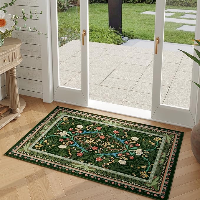 Door Mat Indoor Entrance 2x3 Rug Machine Washable Vintage Floral Botanical Small Area Rug Non-Slip Low Pile Throw Rugs for Entryway, Kitchen, Front Door Entrance, Entry, Kids Room, Green-CubbioJoy
