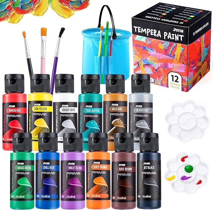 JOYIN 12PCS Washable Kids Tempera Paint Set (2 oz Each), 6 Brushes, 2 Palette & 1 Stretchable Washing Bucket, Non-Toxic Kids Liquid Paint for Arts and Crafts Project, Finger Painting, Hobby Painters-CubbioJoy