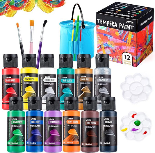JOYIN 12PCS Washable Kids Tempera Paint Set (2 oz Each), 6 Brushes, 2 Palette & 1 Stretchable Washing Bucket, Non-Toxic Kids Liquid Paint for Arts and Crafts Project, Finger Painting, Hobby Painters-CubbioJoy