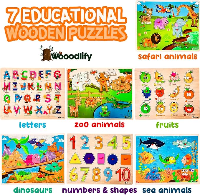 7 Pack Wooden Puzzles for Toddlers 2 3 4 5 Years Old - 7 Colorful Chunky Wood Peg Puzzles for Kids Ages 2-5, Alphabet Shape Numbers Fruits Sea Animals Dinosaur Zoo - Educational Toddler Learning Toys-CubbioJoy