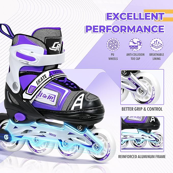 Adjustable Inline Skates for Kids, Teens, and Adults – ABEC-7 Bearings, PU Wheels, Comfortable Fit, for Indoor and Outdoor Skating-CubbioJoy