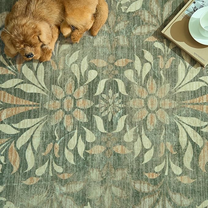 jinchan Vintage Floral Runner Rug 2x6 - Machine Washable Distressed Design Non-Slip Low-Pile Soft Thin Carpet for Hallway Kitchen Farmhouse Bedroom Entryway Laundry Room (2x6ft,Dark Green)-CubbioJoy