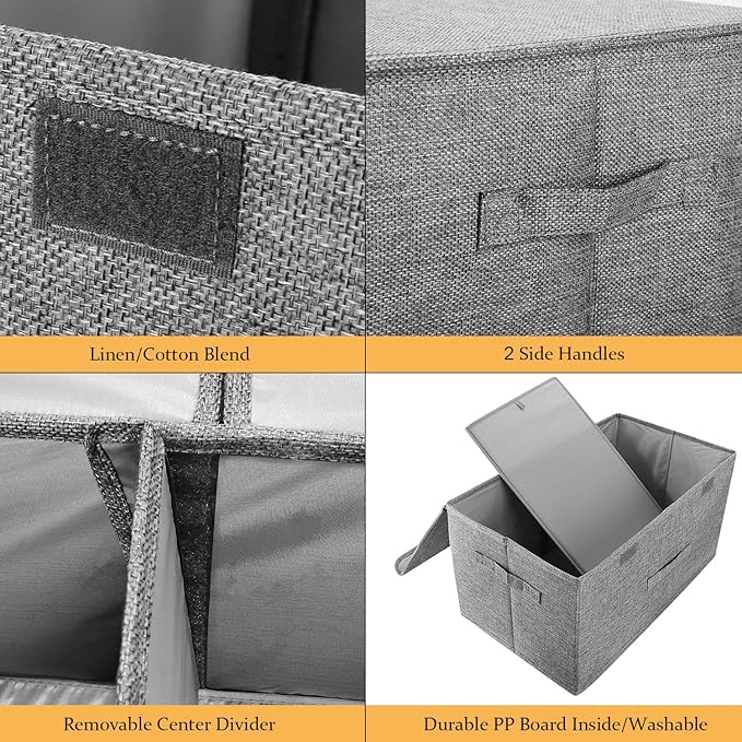 2 Pack Large Linen Fabric Collapsible Storage Bins with Lid and Handles, Washable Storage Box Baskets Cube with Removable Divider for Bedroom,Closet,Office,Living Room,Nursery (Black, Small)-CubbioJoy