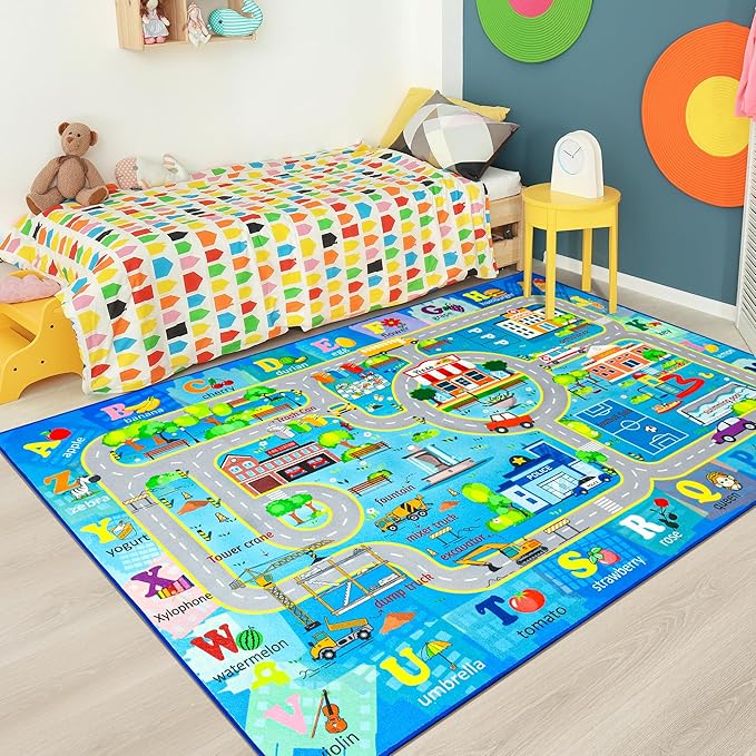 Chicrug 6x9 Car Road Area Rug for Kids Playroom Bedroom, Non Slip Low Pile Washable ABC Alphabet Carpet for Classroom, City Track Play Mat for Toddler Children Nursery Baby Room Decor, Blue-CubbioJoy