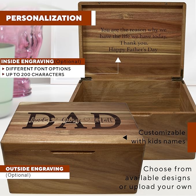 Dad Box with Kids Names - Custom Keepsake Box for Memories with Engraved Children Names, Personalized Fathers Gifts from Daughter/Son/Family, Birthday Gifts for Dad from Kids, 11.5x8.5x5.5 in-CubbioJoy