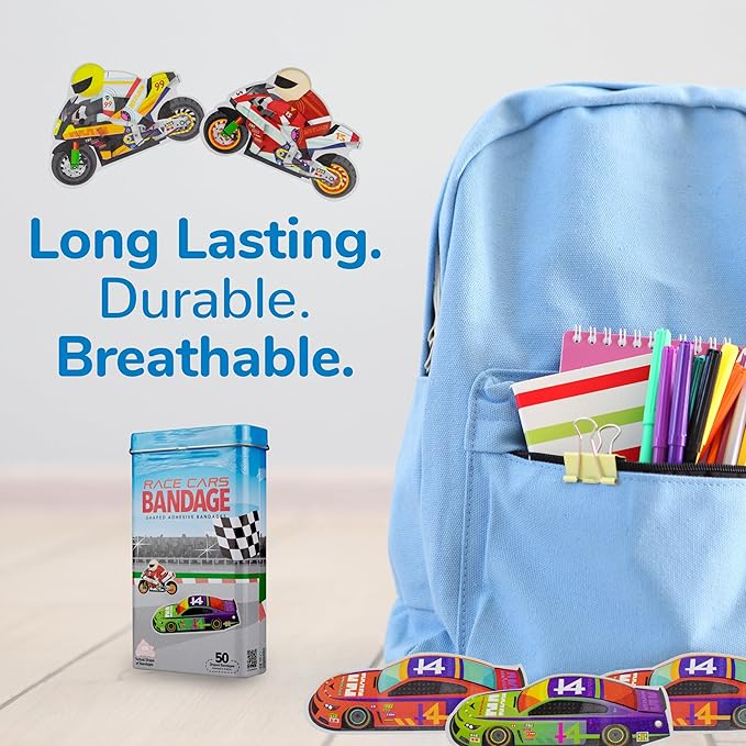 BioSwiss Bandages, Race Cars Shaped Self Adhesive Bandage, Latex Free Sterile Wound Care, Fun First Aid Kit Supplies for Kids and Adults, 50 Count-CubbioJoy