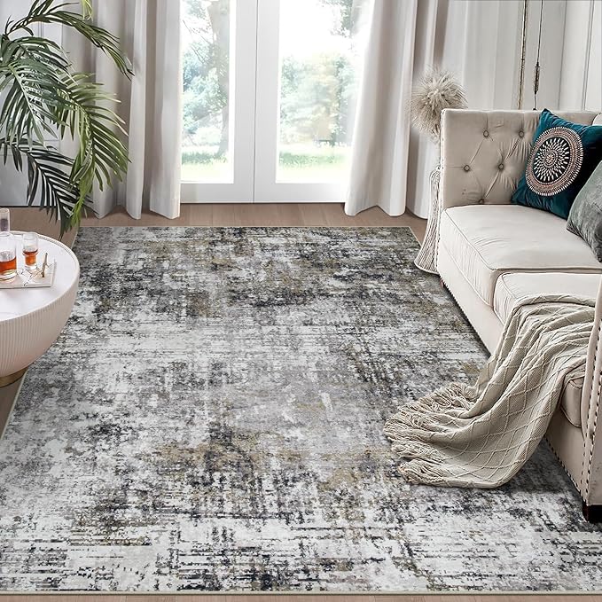 5x7 Area Rugs for Living Room Rug Washable: Modern Rug for Dining Room Bedroom Carpet Non Slip Low Pile 5 by 7 Indoor Abstract Nursery Home Office Black Gold-CubbioJoy