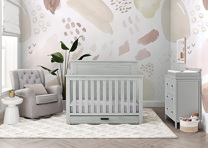 Delta Children Simmons Kids Caden 6-in-1 Convertible Crib with Trundle Drawer, Greenguard Gold Certified, Rustic Mist-CubbioJoy