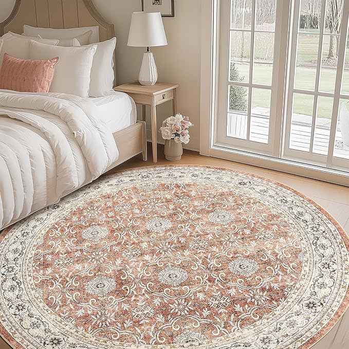 jinchan Round Rug 7ft Washable Circle Soft Rug - Low Pile Vintage 7'Round Indoor Orange Floral Print Stain Resistant Boho Carpet Ultra-Thin Non-Slip for Living Room Bedroom Dining Room Kitchen-CubbioJoy